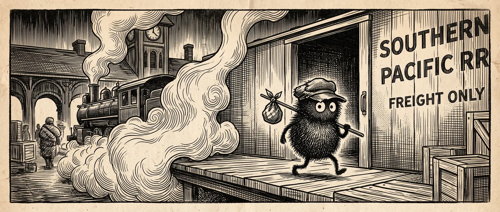 Engraving of Bo the soot-sprite stepping off a freight train