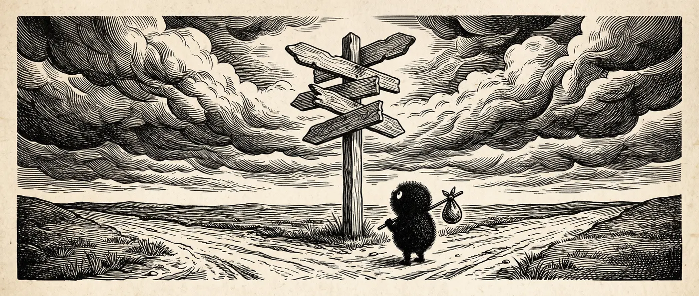 Engraving: Bo at a many-armed signpost crossroads