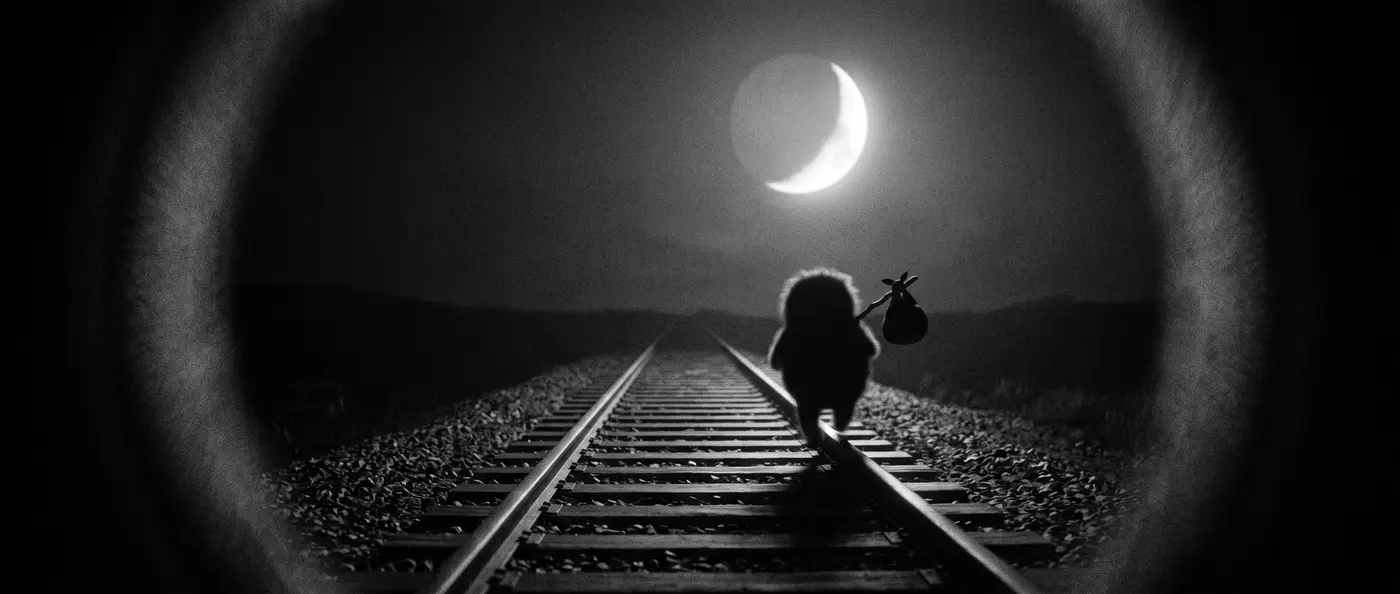 Film still: Bo walking a moonlit rail line